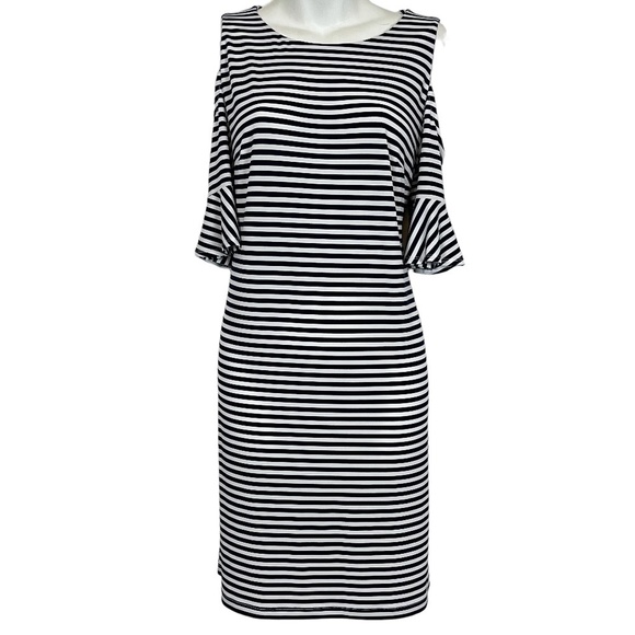 Donna Morgan Women's Striped Bell Half Sleeve Cold Shoulder Jersey Knit Dress  6 - Picture 1 of 16